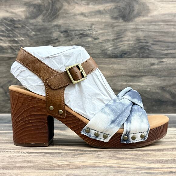 NIB Korks Kork Ease Natalia 7M Knot Clog Sandal Tan Blue Denim PU Tye Dye Combo - Picture 5 of 9